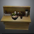 Wooden Kitchen Counter With Bowl Of Food Chopsticks Stainless Steel Thermos And Spice Bottles