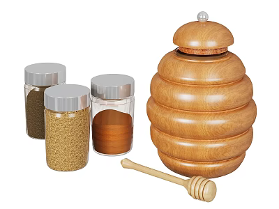 Glass Spice Jars With Silver Lids Holding Various Spices And Wooden Honeycomb Jar With Dipper 3d model