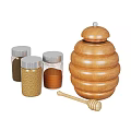 Glass Spice Jars With Silver Lids Holding Various Spices And Wooden Honeycomb Jar With Dipper