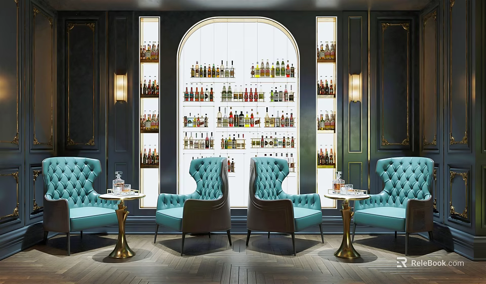 Elegant Wine Cellar Interior With Wine Bottles On Racks Blue Armchairs And Small Round Tables 3d model 