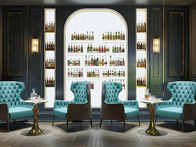 Elegant Wine Cellar Interior With Wine Bottles On Racks Blue Armchairs And Small Round Tables 3d model
