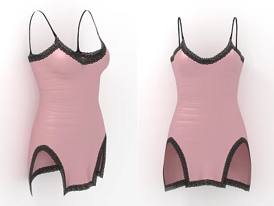 Elegant Pink Spaghetti Strap Dress With Black Lace Trim And Side Cutouts 3d model