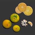 Fresh Whole and Sliced Citrus Fruits Arranged on Black Reflective Surface