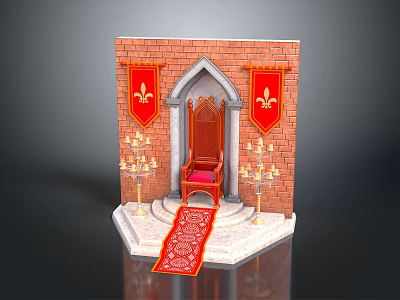 Decorative Commercial Equipment Display with Brick Wall Red Banners Wooden Chair and Candle Holders 3d model