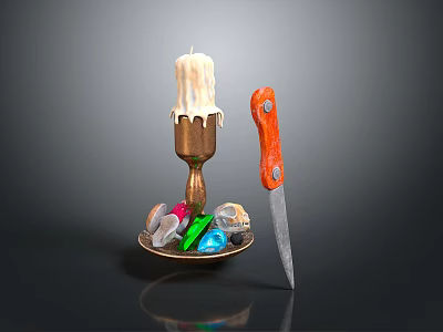 Candle Holder With Melted Candle Colored Gems Skull And Orange Handle Knife 3d model