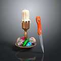 Candle Holder With Melted Candle Colored Gems Skull And Orange Handle Knife