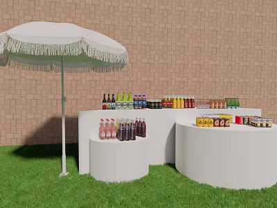 Colorful Beverages on White Round Tables Under White Umbrella on Green Grass by Brick Wall 3d model