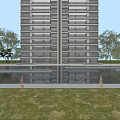 Modern High Rise Residential Building With Glass Facade Balconies And Surrounding Trees Water Feature