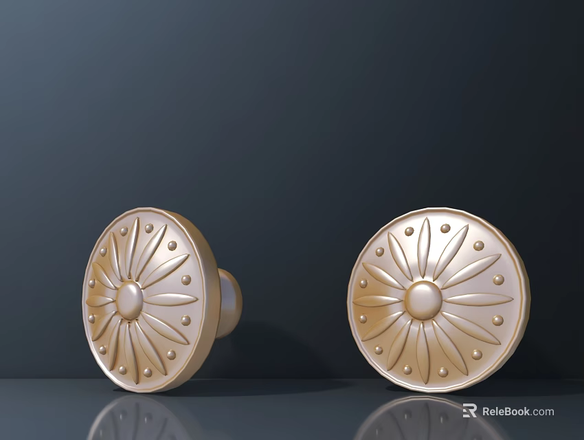 Golden Cabinet Knobs With Sunburst Pattern And Decorative Dots On Dark Background 3d model