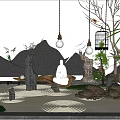 Dry Landscape Garden Featuring White Statue Raked Sand Stones Hanging Lights And Birdcage