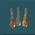 Ceramic Bottles With Cork Stoppers And Colorful Patterns Holding Liquid And Ingredients On Blue Background