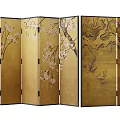 Oriental Folding Screen With Golden Surface And Cherry Blossom Pine Tree Patterns For Home Decor 3d model