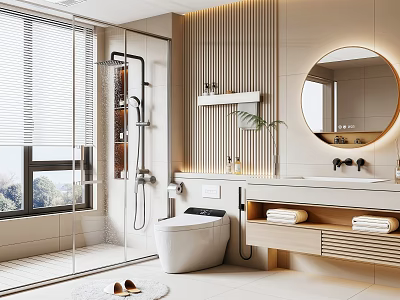 Modern Bathroom Interior With Glass Shower Smart Toilet Round Mirror And Wooden Vanity 3d model