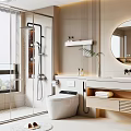 Modern Bathroom Interior With Glass Shower Smart Toilet Round Mirror And Wooden Vanity