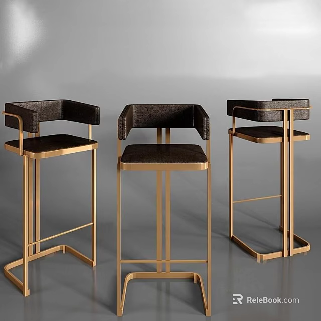 Three Modern Bar Stools With Golden Metal Frame And Dark Upholstered Seats 3d model 