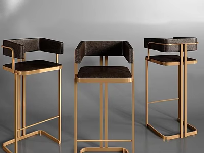 Three Modern Bar Stools With Golden Metal Frame And Dark Upholstered Seats 3d model