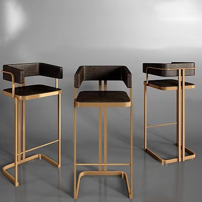 Three Modern Bar Stools With Golden Metal Frame And Dark Upholstered Seats 3d model