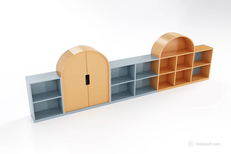 School Interior Storage Cabinet With Arch Design Gray Orange Multiple Compartments 3d model 