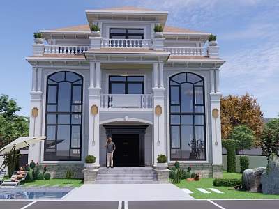 Elegant Two Story White Detached Villa Exterior With Large Windows Garden And Pool 3d model