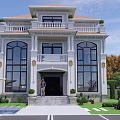 Elegant Two Story White Detached Villa Exterior With Large Windows Garden And Pool