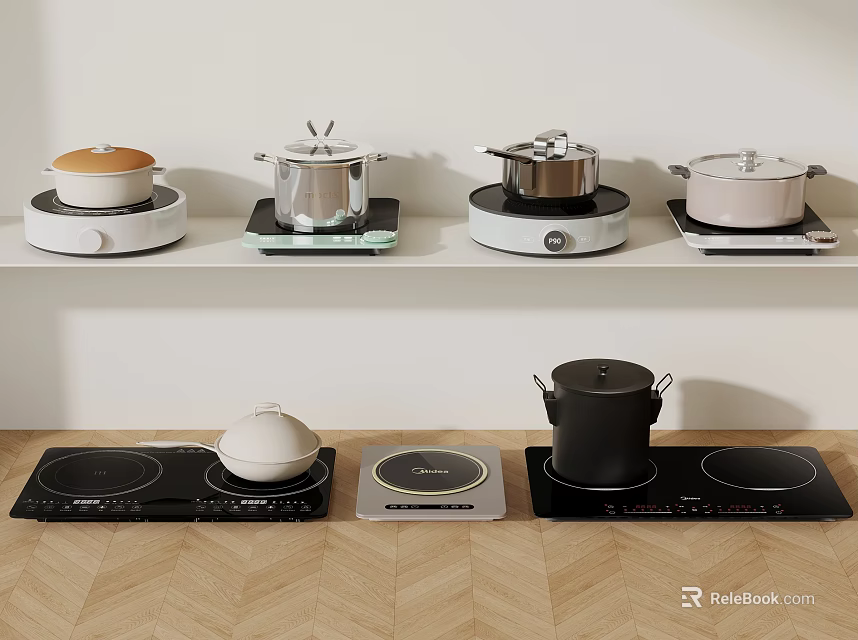 Stylish Kitchen Cookware Various Pots On Wall Shelves With Induction Cooktops Below 3d model 