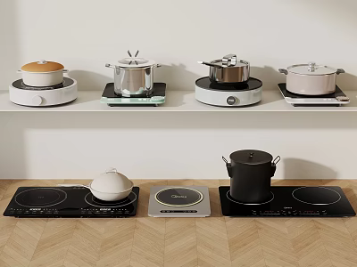 Stylish Kitchen Cookware Various Pots On Wall Shelves With Induction Cooktops Below 3d model