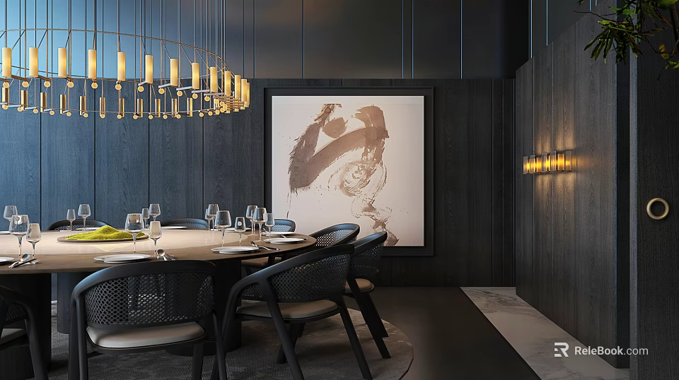 Luxury Private Box Interior with Round Table Chairs Chandelier And Wall Artwork 3d model