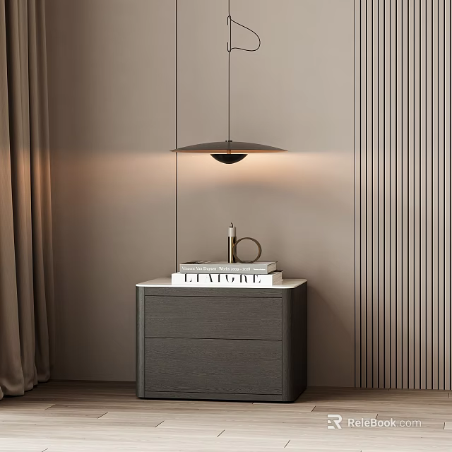 Modern Wooden Bedside Table With Stacked Books And Copper Candle Holder Under Pendant Light 3d model 