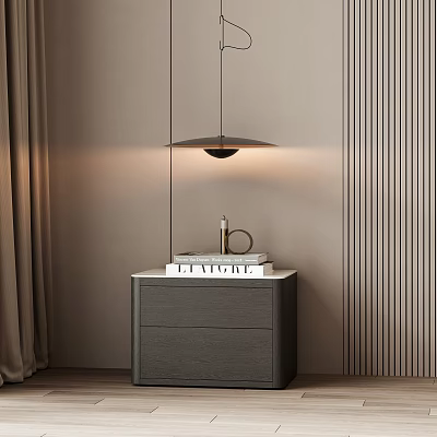 Modern Wooden Bedside Table With Stacked Books And Copper Candle Holder Under Pendant Light 3d model
