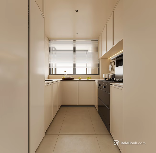 Modern Kitchen Interior Design With White Cabinets Island Countertop Window Blinds And Appliances 3d model 