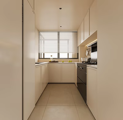 Modern Kitchen Interior Design With White Cabinets Island Countertop Window Blinds And Appliances 3d model