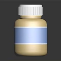 Yellow Pill Bottle With White Screw Cap Blue Label And Reflective Finish On Black Surface