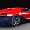 Red And Blue Bugatti Sports Car With Sleek Design And Large Wheels