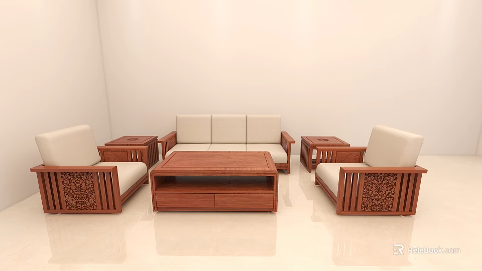Solid Wood Sofa and Coffee Table Set Interior With Beige Cushions Carved Armchairs 3d model