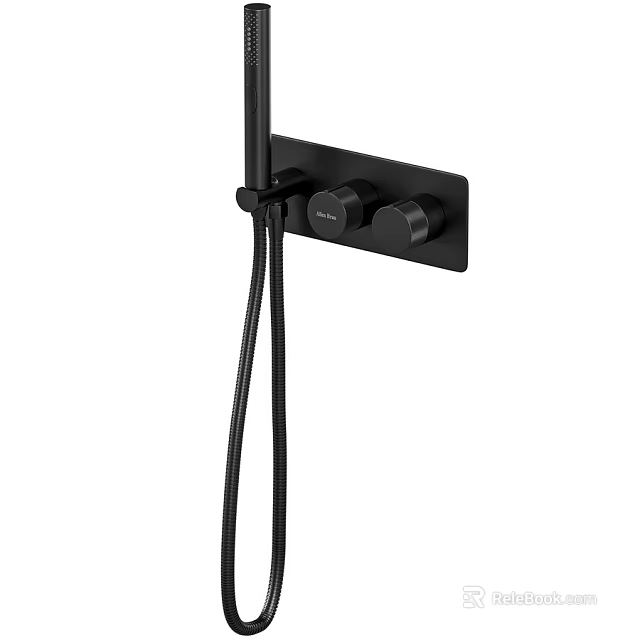 Black Wall Mounted Shower Faucet With Handheld Sprayer And Control Knobs 3d model 