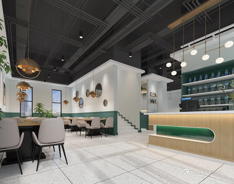 Modern Restaurant Interior With Pendant Lights Green Plants And Wooden Bar Counter 3d model 