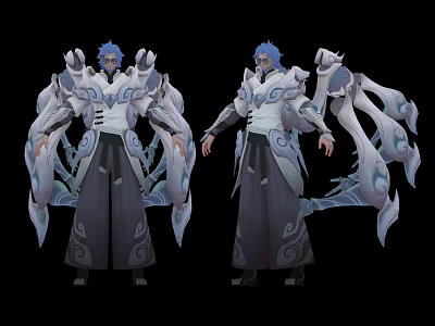 Blue Haired Fantasy Character Design In Dual Poses With White Robes And Flowing Decorations 3d model