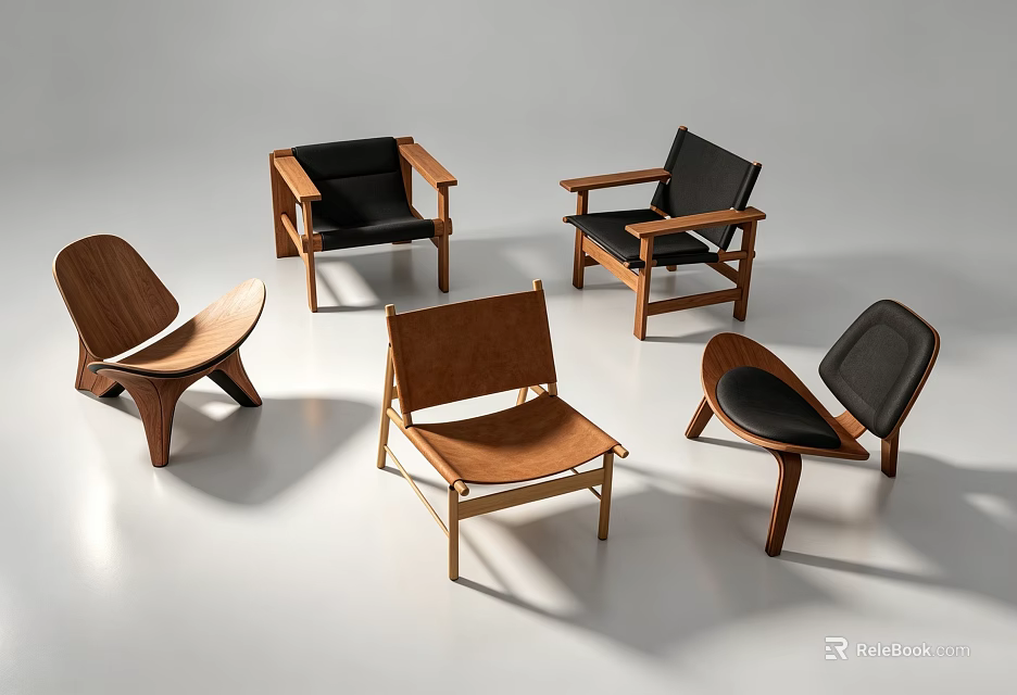 Modern Wooden Single Chairs Featuring Brown Black Seats And Ergonomic Designs 3d model 