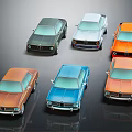 Six Vintage Classic Cars in Multiple Colors Displayed on Glossy Surface