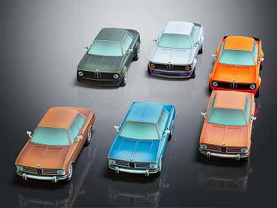 Six Vintage Classic Cars in Multiple Colors Displayed on Glossy Surface 3d model