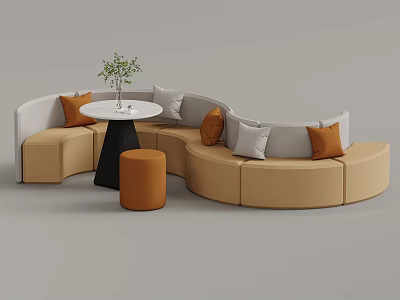 Modern Curved Sofa Seating Area With Beige Orange Cushions Round Table And Green Plant 3d model