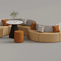 Modern Curved Sofa Seating Area With Beige Orange Cushions Round Table And Green Plant