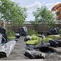 Natural Courtyard Garden Design With Rocks Trees Wooden Fence And Stone Pathway