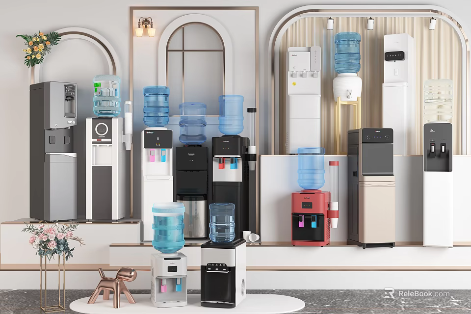 Modern Display Of Kitchen Water Dispensers With Various Colors And Styles 3d model 