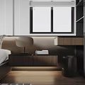 Modern Bedroom Interior Design With Bed Headboard Wall Windows Blinds Rug and Wooden Floors