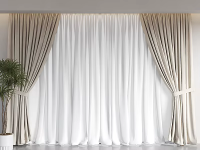 Modern Double Layer Curtains With Beige Outer And White Inner Tied With Ribbons Indoor 3d model