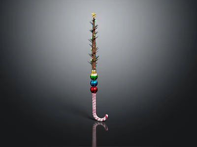 Festive Christmas Candy Cane Decoration With Star Branches And Colorful Balls 3d model
