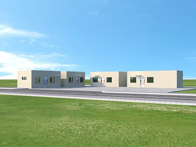 Single Story Light Colored Buildings in Open Green Grass Field with Blue Sky and White Clouds 3d model
