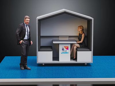 Modern House Shaped Public Chair With Seats Table And People Using 3d model