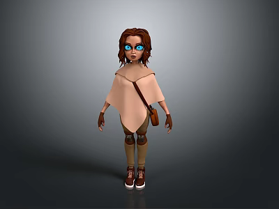3D Cartoon Character With Brown Hair Blue Eyes Wearing Light Pink Cape And Brown Bag 3d model